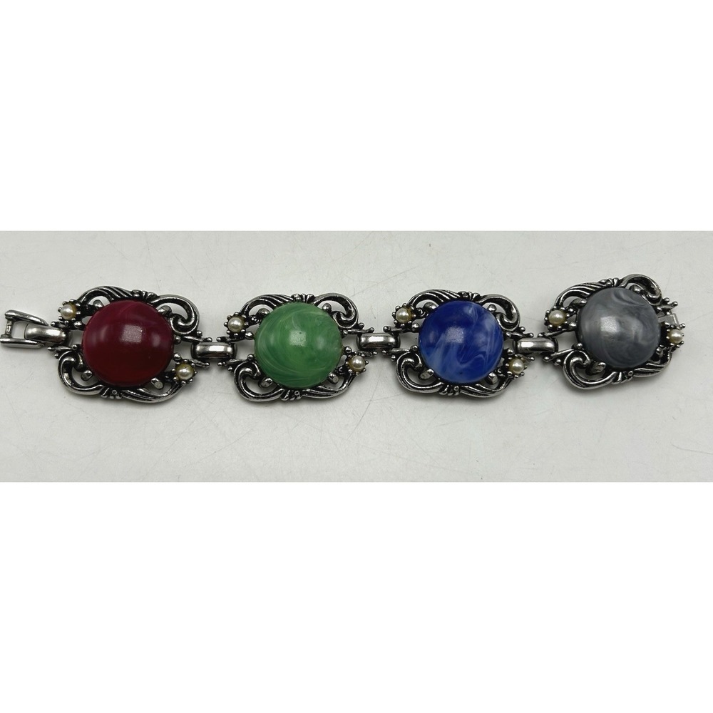 Vintage Bracelet Lucite Cabochon Panel Multicolor Silver Tone Statement Chunky